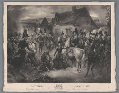 Udskiftningen af ​​den skadede hest af prinsen af ​​Orange (senere kong Vilhelm II) under slaget ved Boutersem, 12. august 1831 Bautersem 12. august 1831 (titel på objekt) af Anonymous