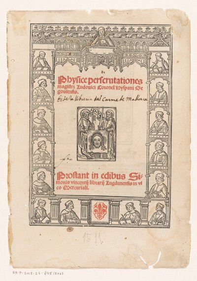 Dekorativ ramme med femten lærde Titelside for: Luis Coronel, Physice perscrutationes, 1511 af Anonymous