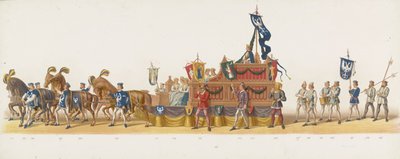 Delft procession af 1873 (ottende plade) Udklædt procession holdt af medlemmerne af Delft Student Corps den 8. juli 1873, der viser Karel van Egmond, hertug af Gelre, greve af Zutphen, indrejse i Arnhem i 1492 (serie af Anonymous