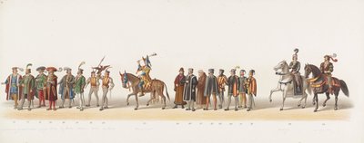 Delft procession af 1873 (sjette plade) Udklædt procession holdt af medlemmerne af Delft Student Corps den 8. juli 1873, der viser Karel van Egmond, hertug af Gelre, grev af Zutphen, indrejse i Arnhem i 1492 (serie ti) af Anonymous