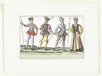 Tre spanske soldater i uniform og en marketingmand, ca. 1580 Kostumer militære Espagnols (titel på objekt) af Anonymous