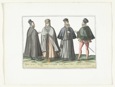 Tre mænd og en kvinde klædt i fremmed mode, ca. 1580 Modes étrangères (titel på objekt) af Anonymous