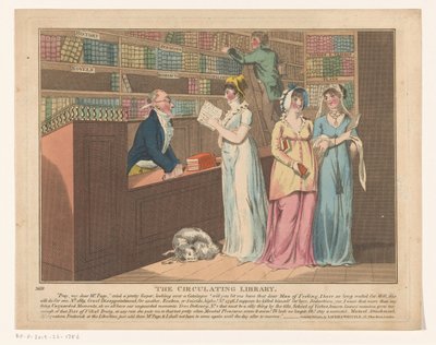 Tre kvinder i et lånebibliotek Det cirkulerende bibliotek (titel på objekt) af Anonymous