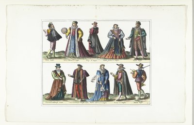 Dobbelt tallerken med fem mænd og fem kvinder klædt på engelsk mode, ca. 1580 Anglais kostumer (titel på objekt) af Anonymous