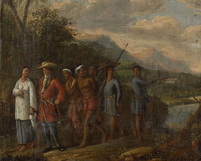 Hollandsk købmand med slaver i en østindiske bakker af Anonymous
