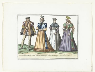 En mand og tre kvinder klædt i tysk mode i Danzig, ca. 1580 Kostumer Allemands (titel på objekt) af Anonymous