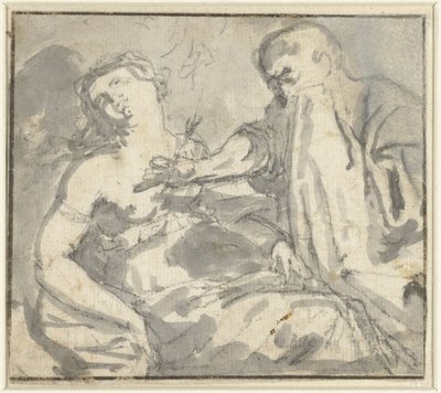 En mand fjerner en pil fra brystet af en kvinde (Cephalus og Procris?) af Anonymous
