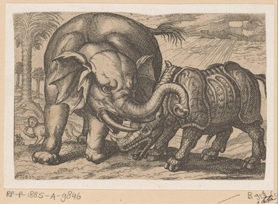 Et næsehorn kæmper mod en elefant Fighting Animals (kopier) (serietitel) af Anonymous