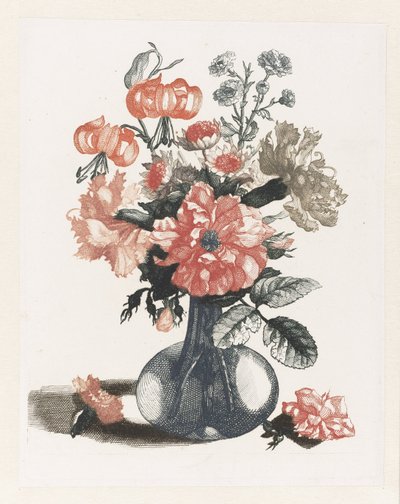 Fem aftryk af blomster i glasvaser Glasvase med blomster, ved siden af ​​en blomst til venstre og højre af Anonymous