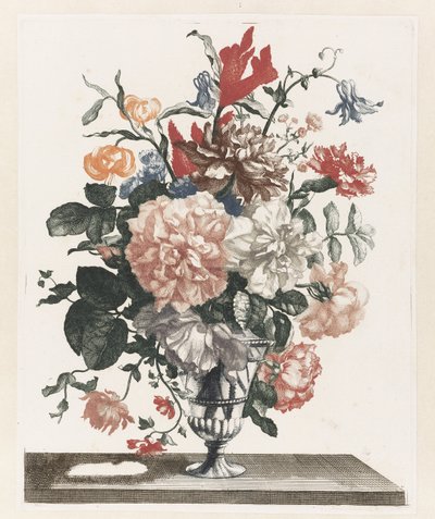 Fem aftryk af blomster i glasvaser Glasvase på fod med blomster af Anonymous