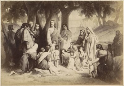 Fotogengivelse af (formentlig) et print af Jesus med børn (Lad børnene komme til mig) af Anonymous