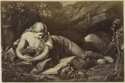 Fotogengivelse af (formentlig) et print af en bedende Maria Magdalene i ørkenen af Anonymous