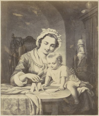 Fotogengivelse af (formentlig) et print af en mor, der bygger et korthus med sit barn af Anonymous