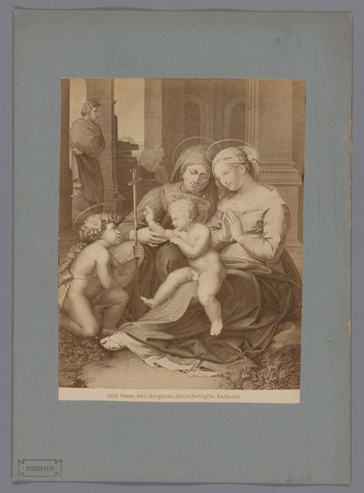 Fotoreproduktion af en gravering efter maleriet Hellig Familie af Raphael Roma. Gall. Borghese. Sacra Familia. Raffaello (titel på objekt) af Anonymous