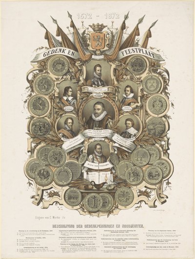 Minde- og festplade med portrætter af William I, Prins af Orange, hans sønner Maurits og Frederik Hendrik, Prinser af Orange, hans brødre Lodewijk, Adolf og Hendrik, grever af Nassau, og Willem Bloys van Treslong af Anonymous