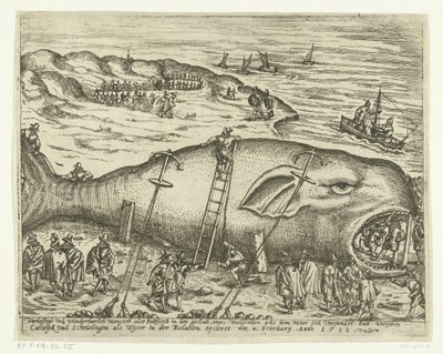 Strandede Walvis nær Berckhey, 1598 Warhafttigh And Wonderful Monster eller Pottfisch i form af en hval, hvorfra Möer havde slammet op mellem Catwyck og Schevelingen som Wyter i relationen ercleret den 4. februar Anno 1598 (tit. af Anonymous