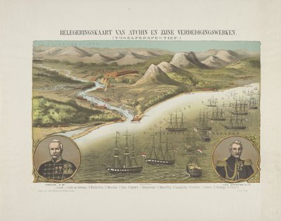 Udsigt over Aceh under den anden Aceh-ekspedition, 1873-1874 Belejringskort over Atchin og hans forsvar. (Fugleperspektiv.) (titel på objektet) af Anonymous