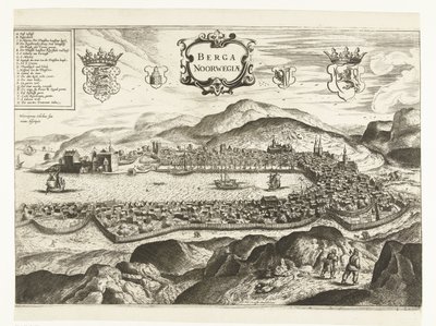 Udsigt over Bergen (Norge), 1665 Berga Norge (titel på objekt) af Anonymous