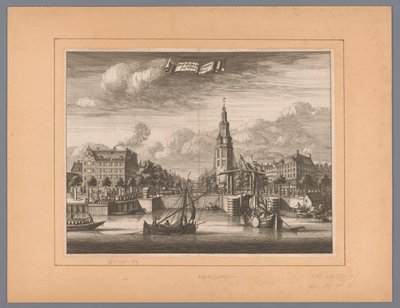 Udsigt over Montelbaanstoren i Amsterdam Montelbaanstoren og Water Keer (titel på objekt) af Anonymous