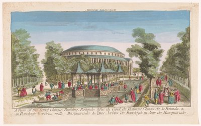 Udsigt over Rotunden og den kinesiske pavillon på kanalen i Londons Ranelagh Gardens med et maskeradebal Udsigt over den kinesiske kanalbygning, Rotunde i Ranelagh, Haver, med maskerade. &c (titel på objekt) af Anonymous