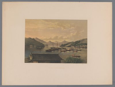 Udsigt over baai fra Nagasaki Udsigt i Nangasaki Bay (titel på objekt) Souvenir of Japan udsigt fra naturen med tekst af grev de Lijnden (serietitel på objekt) af Anonymous