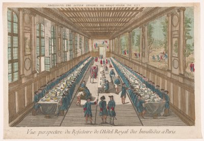 Udsigt over spisestuen på Hôtel des Invalides i Paris med en gruppe, der spiser Vue perspective du refectoire de l