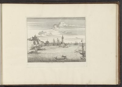 Udsigt over havnen med et fyrtårn og et palads i Napoli Le Mole, le Cinosura, et le Castell Novo, à Napoli (titel på objekt) Paladser og monumenter i Venedig, Livorno, Napoli og Rom (serietitel) af Anonymous