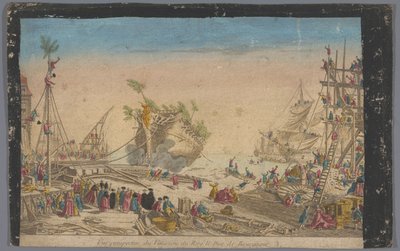 Udsigt over havnen i Rochefort med enden af ​​skibet Duc de Bourgogne den 20. oktober 1751 Vue perspective du vaisseau du roy le Duc de Bourgogne (titel på objekt) af Anonymous
