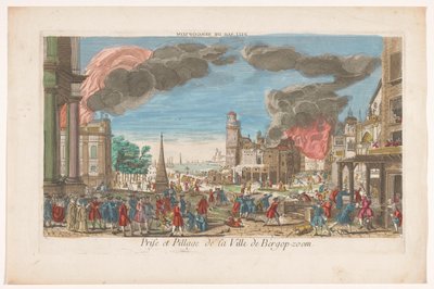 Udsigt over franskmændenes tilfangetagelse og plyndring af Bergen op Zoom i 1747 Pillage de Bergopzom (titel på objekt) af Anonymous
