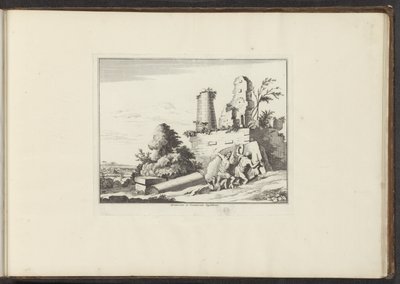 Udsigt over ruinerne af Horatii- og Curatii-graven i Rom Horatiorum et Curatiorum Sepulchrum (titel på objekt) Paladser og monumenter i Venedig, Livorno, Napoli og Rom (serietitel) af Anonymous