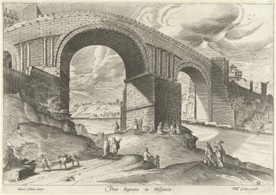 Udsigt over en bro fra byen Segovia Pons Segouiae i Hispania (titel på objekt) Ruinarum varii prospekt (serietitel) af Anonymous