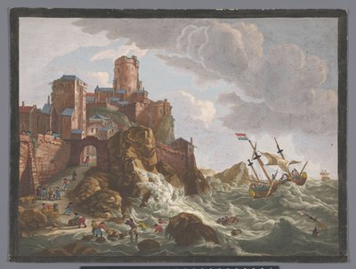 Udsigt over en kyst med skibe og både på klipperne i Norge Ecueil des côtes de Norwege (titel på objekt) af Anonymous