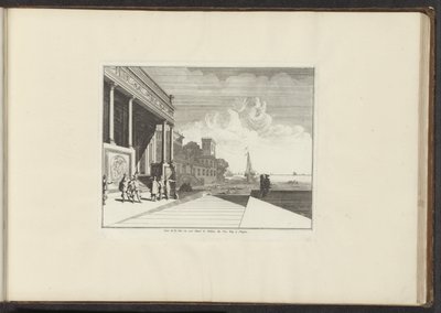 Udsigt over et palads ved strandpromenaden i Napoli Veue de la Mer ou est Situé le Palais du Vice Roy à Napoli (titel på objektet) Paladser og monumenter i Venedig, Livorno, Napoli og Rom (serietitel) af Anonymous