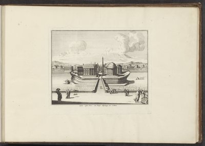 Udsigt over Tiberøen i Rom Insula instar Navis, cum Templo Aesculapij. osv.: à Rom (titel på objekt) Paladser og monumenter i Venedig, Livorno, Napoli og Rom (serietitel) af Anonymous