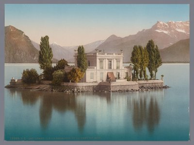 Udsigt over Île de Salagnon i Genèvesøen, i baggrunden Dents du Midi lac Léman, Ile de Salagnon et la Dent du Midi (titel på objektet) af Anonymous