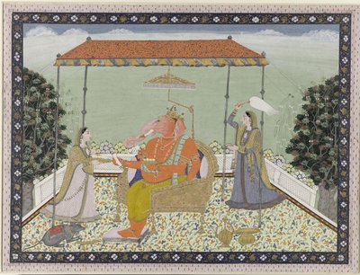 Gud Ganesha (Ganapati) med elefantsnabel med sine to tjenestepiger Siddhi og Buddhi siddende under en balkon af Anonymous