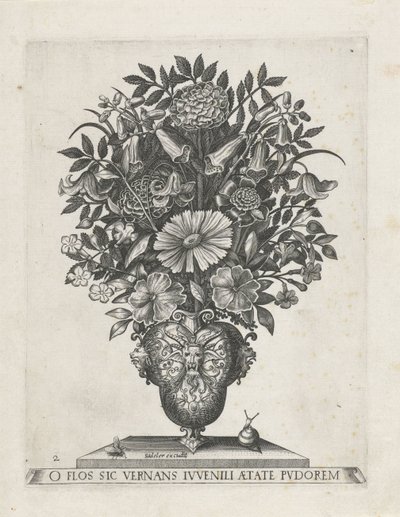 Grotesk vase med tre mascarons Vaser med blomster (serietitel) af Anonymous