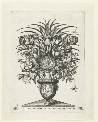 Grotesk vase med to mascarons på hver side af en bukranion Vaser med blomster (serietitel) af Anonymous