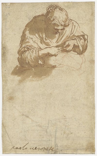 Håndarbejdende (?) kvinde og arkitektur doodles af Anonymous