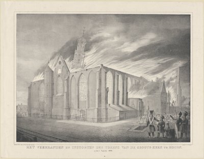Afbrændingen og sammenbruddet af tårnene på Groote-Kerk i Hoorn, den 3. august 1838 (titel på objektet) af Anonymous