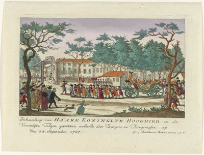 Overhaling af prinsessen af ​​Orange og børnene, 1787 Overhaling af Haare Koninglyk Hooghied og Royal Scions, tegnet af Burgers og Burgeressen den 24. september 1787 (titel på objekt) Tyske farvetryk om begivenheden af Anonymous