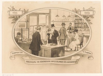 Interiør af en boghandel i 1915 1815-1915. 100-års jubilæum for foreningen til fremme af bogbranchens interesser (titel på objekt) af Anonymous