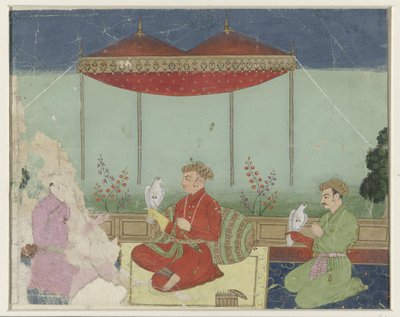 Jahangir sidder under en baldakin på en terrasse af Anonymous