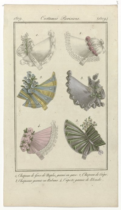 Journal des Dames et des Modes, Costumes Parisiens, 15. april 1819, (1809): 1, Gros de Naples Hat (...) af Anonymous