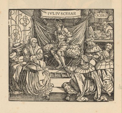 Julius Cæsar i et rådsmøde og Cicero skriver bagerst af Anonymous
