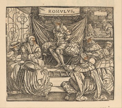 Julius Cæsar i et rådsmøde og Cicero skriver bagerst af Anonymous
