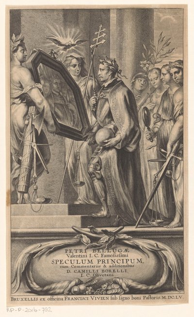 King holdes i et spejl af Retfærdighed og Tro Titelside for: Petrus Belluga og Camillo Borello, Speculum principum, 1655 af Anonymous