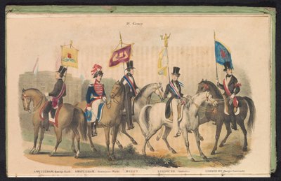 Kostumer og bannere for æresvagterne i Amsterdam, Delft og Leiden, 1840-1842 IV. Gruppe (titel på objekt) af Anonymous