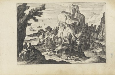 Kystlandskab med et højt bjerg Landskaber med figurer (serietitel) af Anonymous