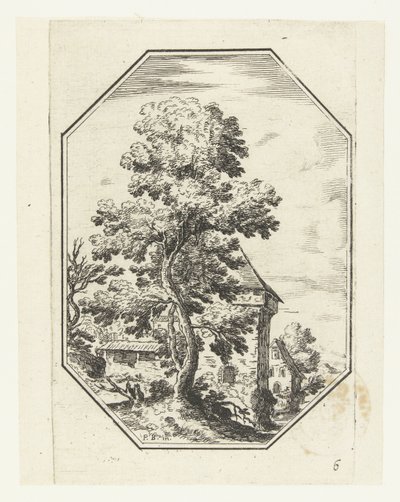 Landskab med et stort træ i en ottekantet ramme Octagonal Landscapes (serietitel) af Anonymous